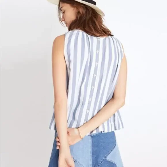 MADEWELL Indigo Button blouse top sleeveless striped cotton Size L - Picture 2 of 13
